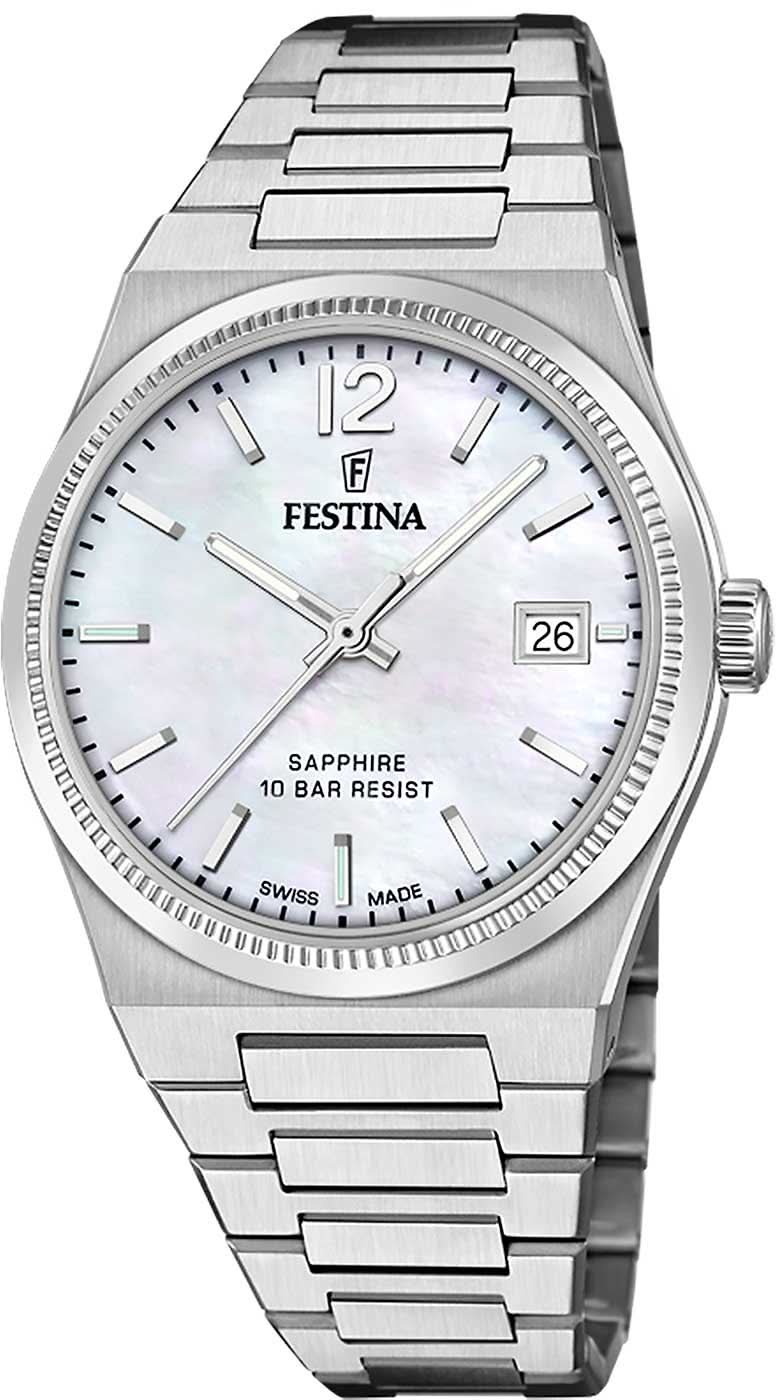Festina damklocka med silverfärgat armband i rostfritt stål, vit urtavla och datumfönster.