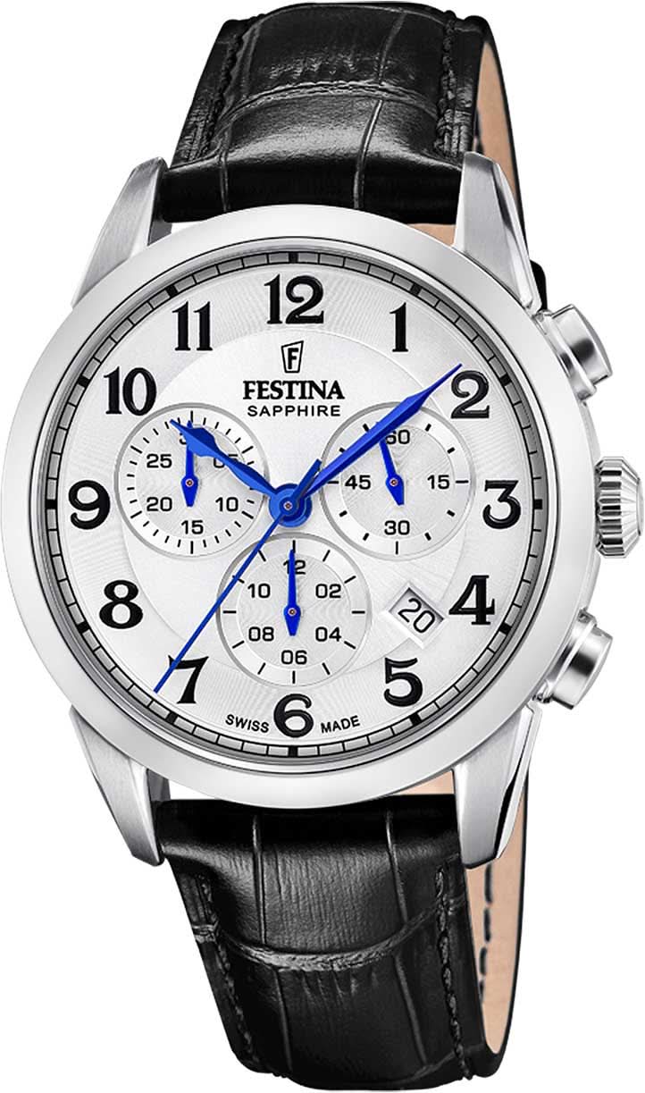 Festina herrklocka med svart läderarmband, runt silverfärgat boett, analog display