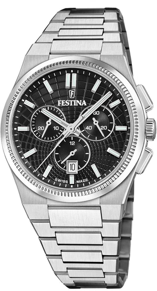 Festina herrklocka med svart urtavla och armband i rostfritt stål