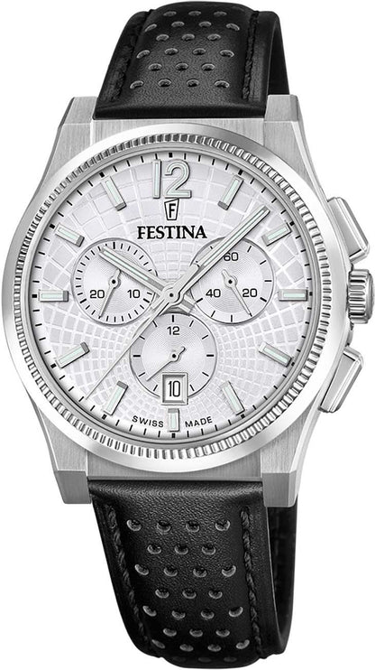 Festina herrklocka: boett i silver, vit kronografurtavla, svart läderarmband