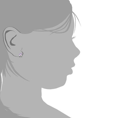 Örhängen enhörning i silverlook med litet rosa-lila motiv, synligt från sidan
