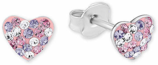 Hjärtformade örhängen i metall med rosa stenar, gnistrande mönster.