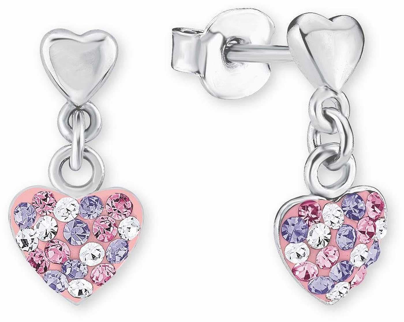Silversmycken med hjärthänge: glittrande hjärta av rosa och lila kristaller