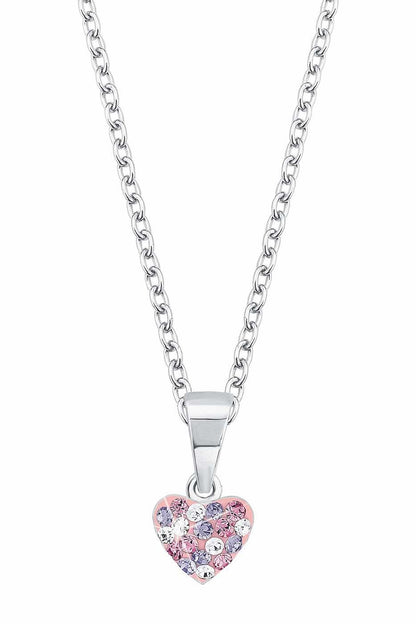 Hjärtformat hänge i silverfärg med rosa stenar på kedja