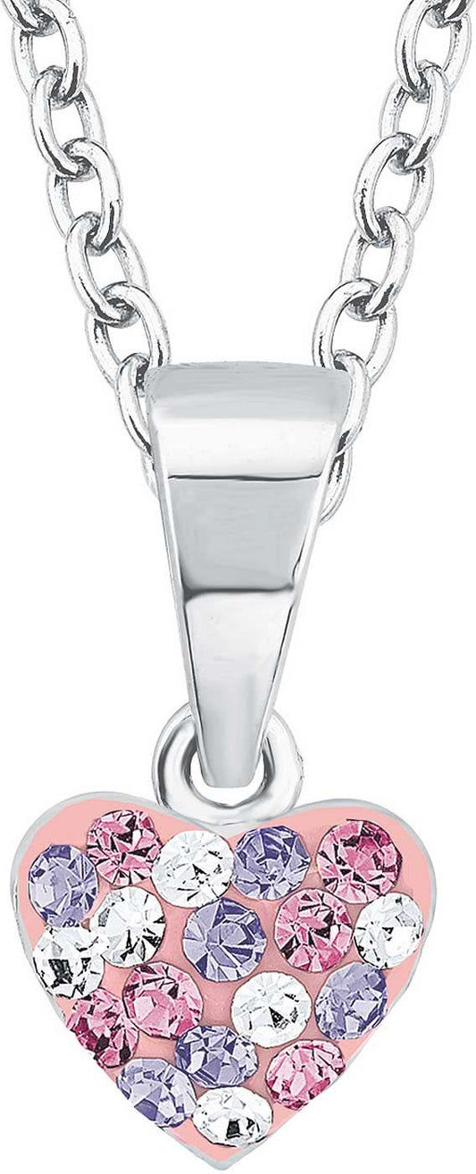 "Silversmycke med rosa hjärthänge och gnistrande stenar"