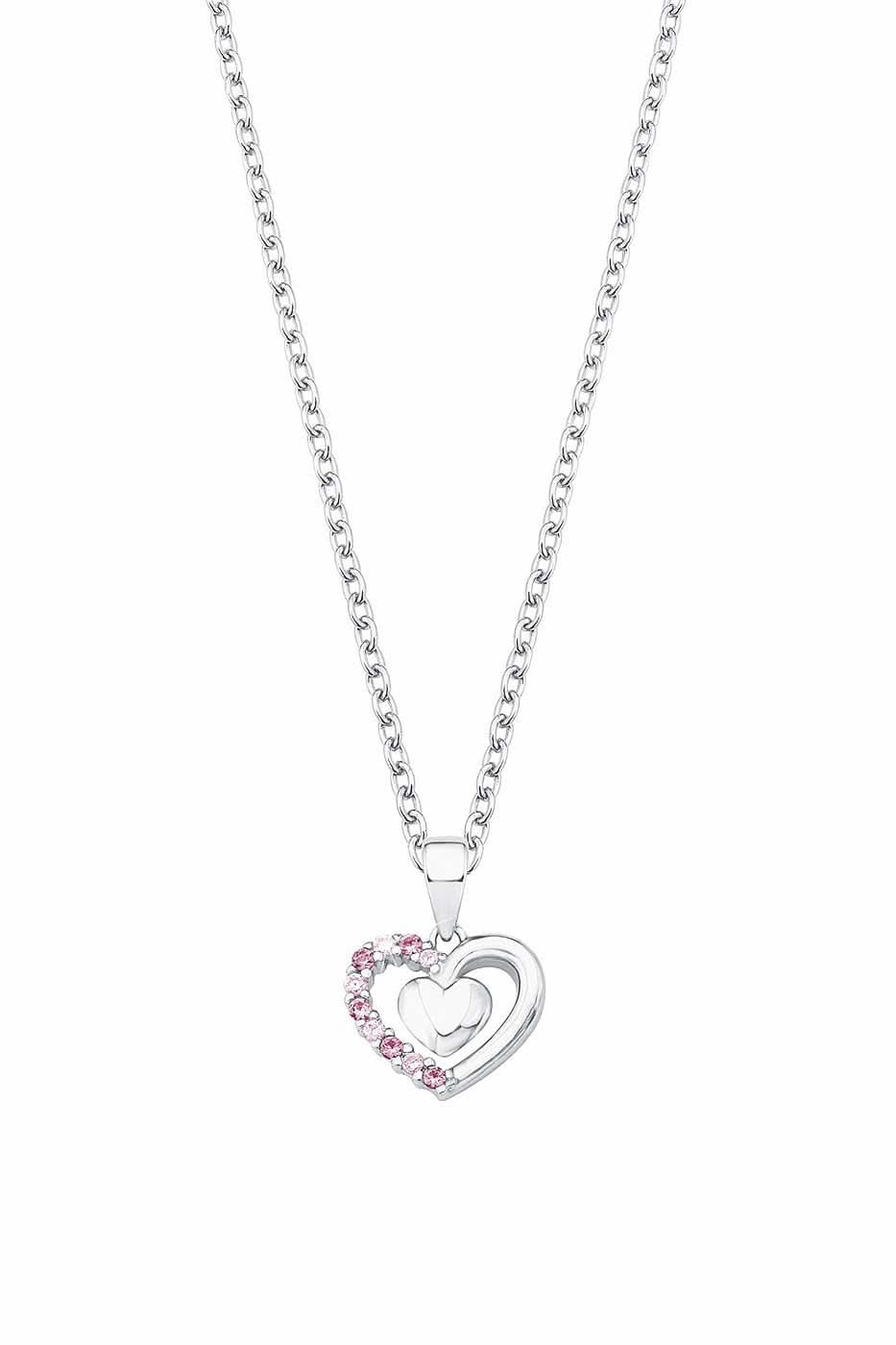 Silversmycke med hjärthänge, infattat med rosa stenar