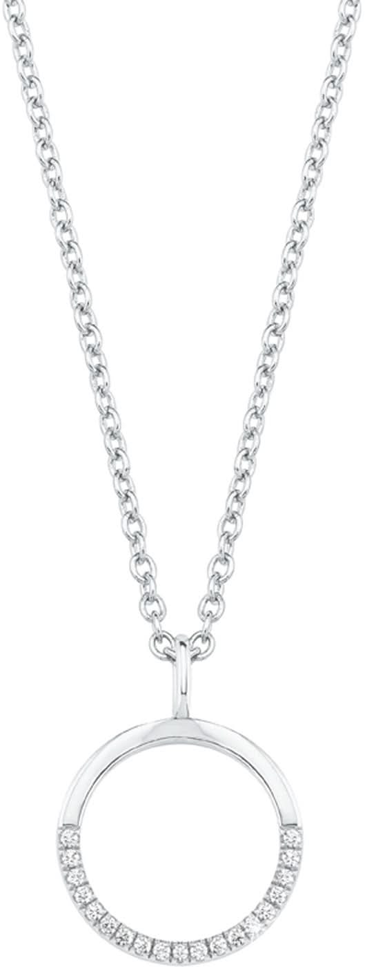 Silverfärgat halsband med rund berlock, cirkulär stenrad på berlocken
