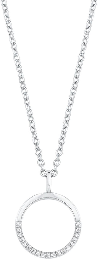 Silverfärgat halsband med rund berlock, cirkulär stenrad på berlocken