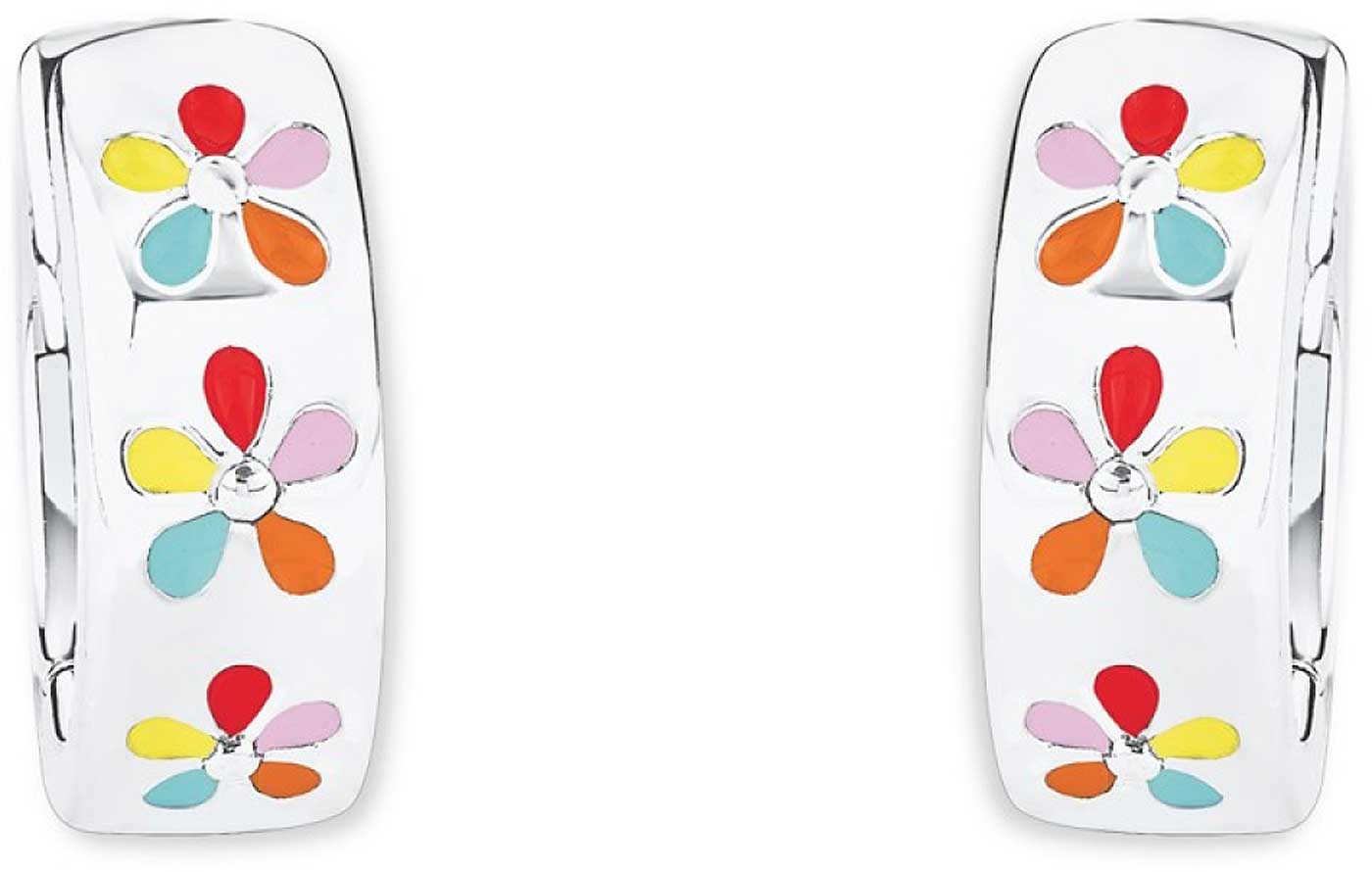 Ett par creoler med färgglada blommor och stenar, vit emalj, droppformade