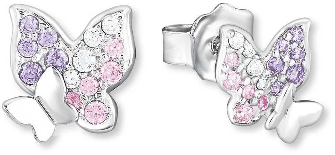 Silverfärgade fjärilsörhängen med gnistrande stenar i lila, rosa och vitt.