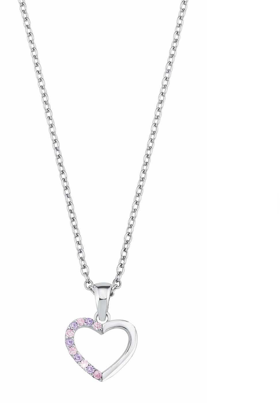 Halsband med silverfärgat hjärthänge och gnistrande stenar i rosa och lila