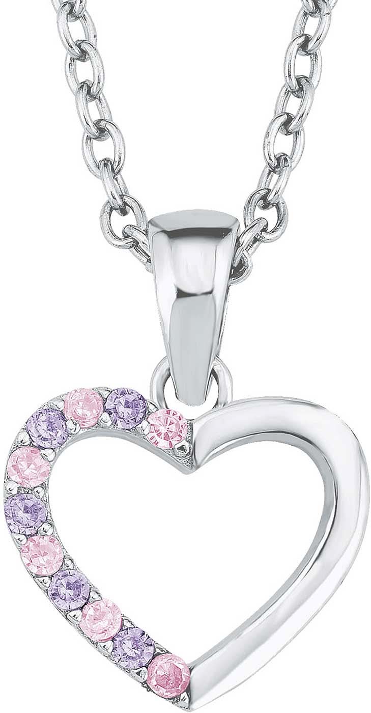 Halsband i silverfärg med hjärtformat hänge, rosa/lila stenutsmyckning