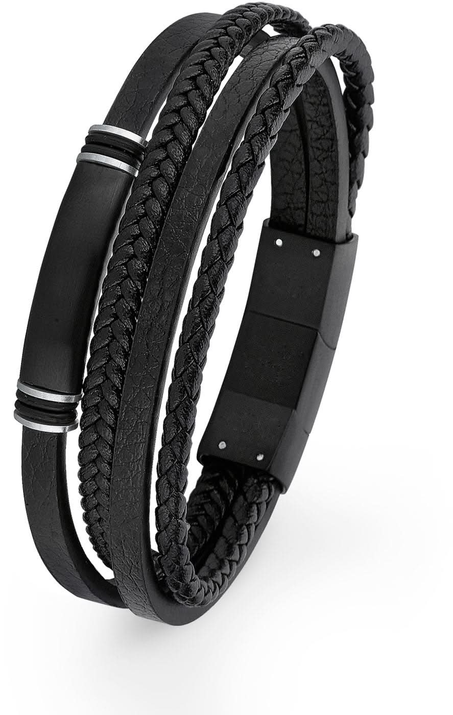 Flerradigt läderarmband, svart, flätade band och rektangulärt spänne
