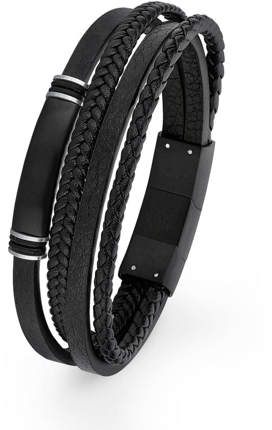 Flerradigt läderarmband, svart, flätade band och rektangulärt spänne