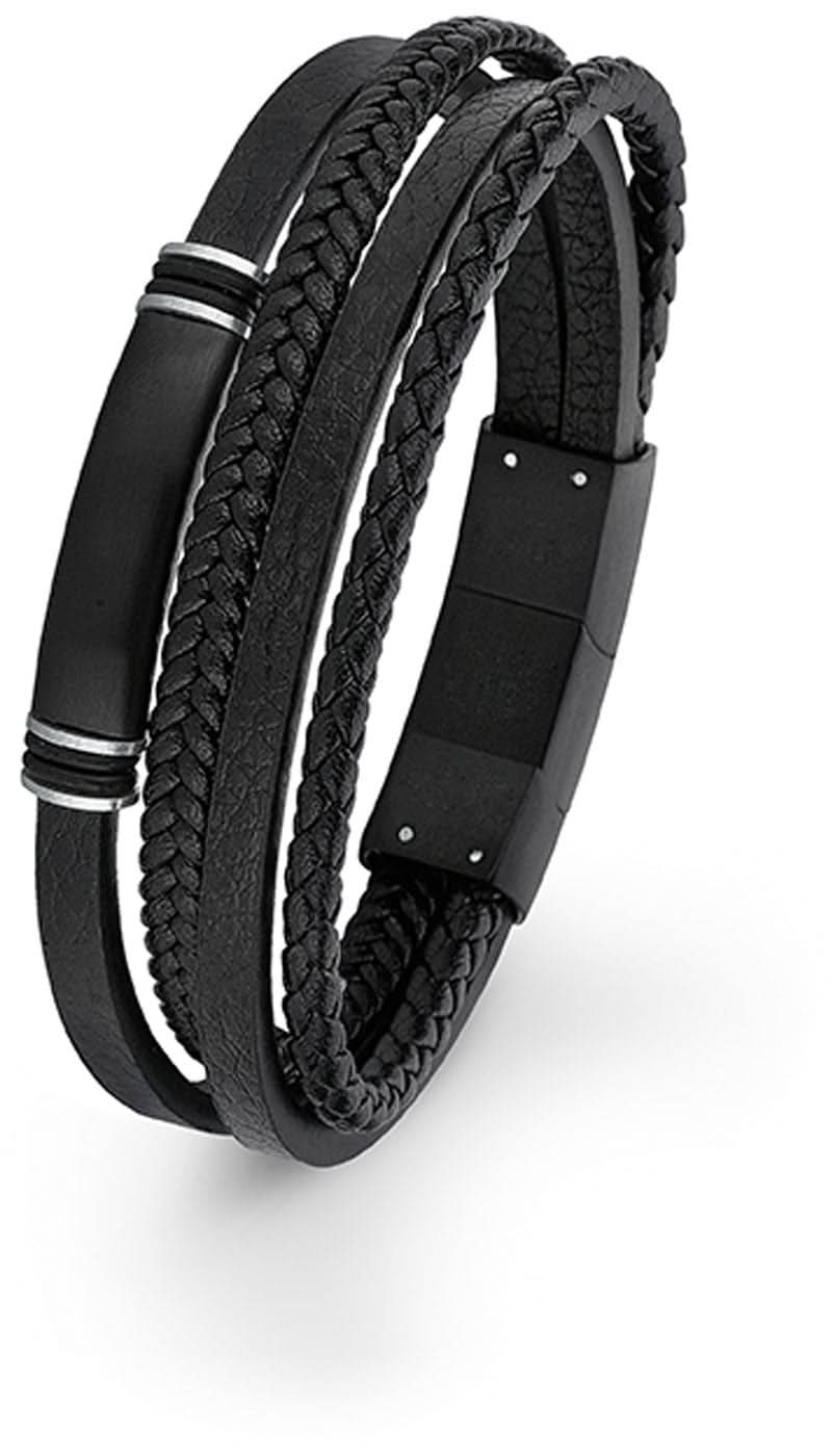 Armband i läder med flera rader, svart, flätade läderslingor och tryckknäppning