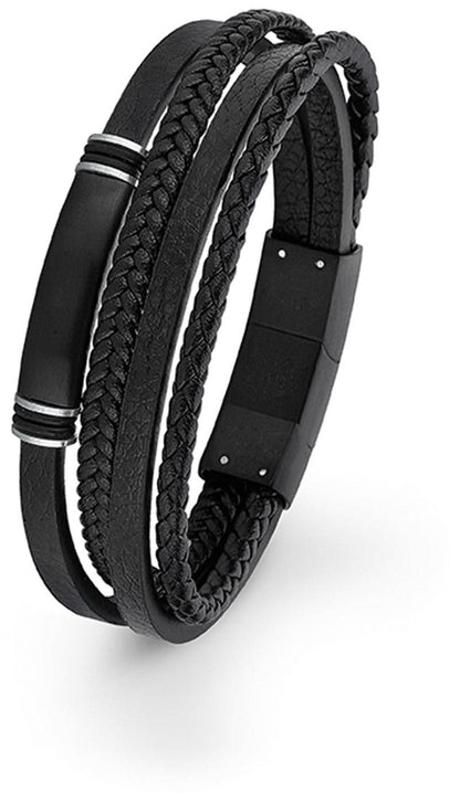 Armband i läder med flera rader, svart, flätade läderslingor och tryckknäppning