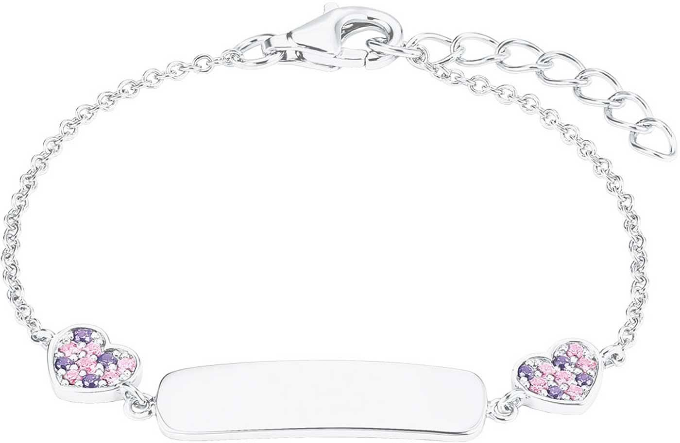 Armband i silverfärgad metall med hjärtberlock, oval bricka och två rosa hjärtan