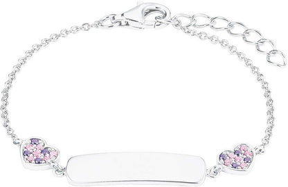 Armband i silverfärgad metall med hjärtberlock, oval bricka och två rosa hjärtan