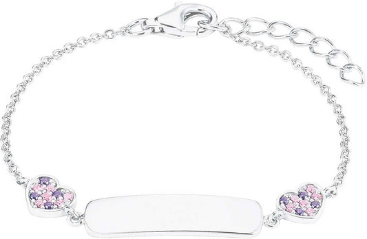 Armband i silverfärgad metall med hjärtberlock, oval bricka och två rosa hjärtan