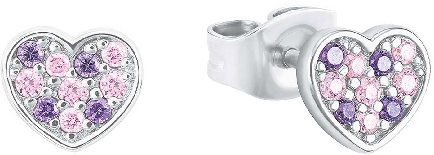 Hjärtformade örhängen i silver med lila och rosa stenar
