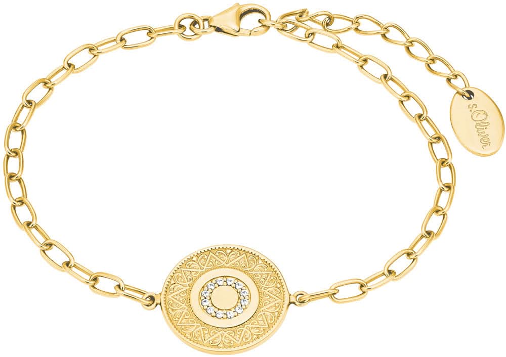 Armband i guldfärgad metall med en rund detalj och en blå smyckessten