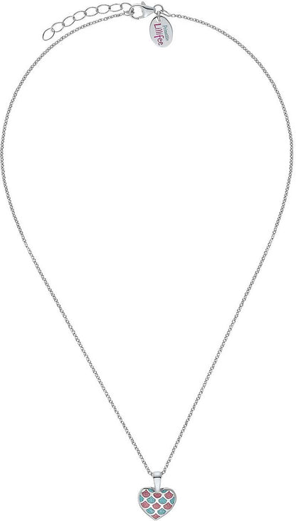 Halsband med hjärthänge i emaljerad metall, färgglatt, fin länkkedja