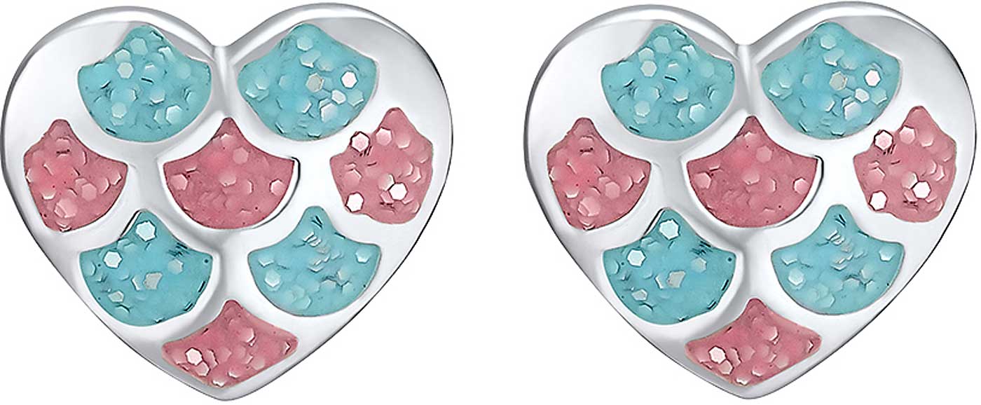 Par hjärtformade örhängen med turkos och rosa emalj, silverfärgad baksida