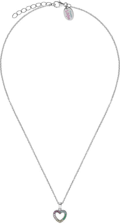 "Halsband i silverfärg med hjärtformat hänge och färgglada stenar"