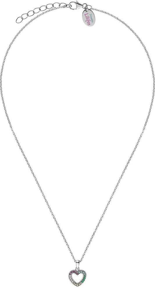 "Halsband i silverfärg med hjärtformat hänge och färgglada stenar"