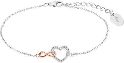 Armband i silverfärg med infinityhjärta och stenar, roséguld färgad rosett