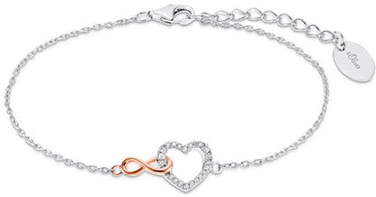 Silverfärgat armband med infinityhjärta, roséguldfärgad rosett och strass