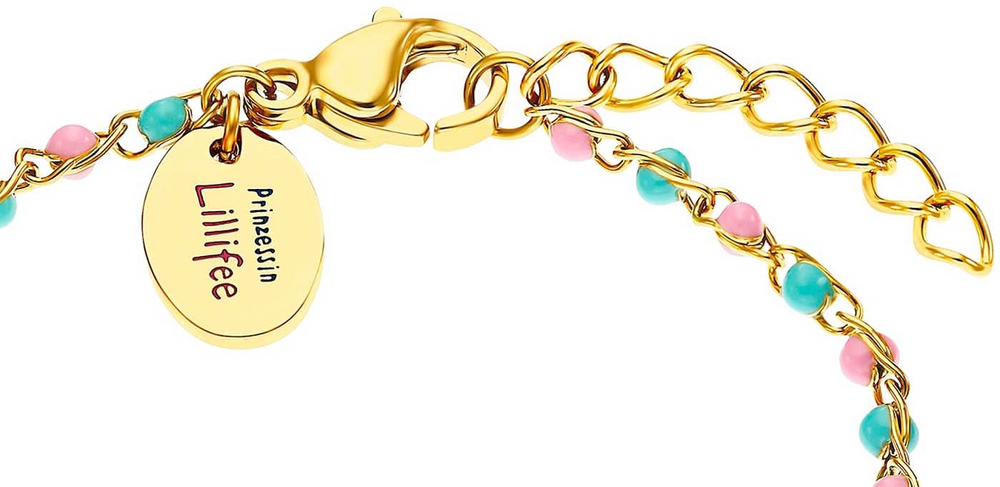 Armband med karbinhake och rund berlock med text, rosa/turkos