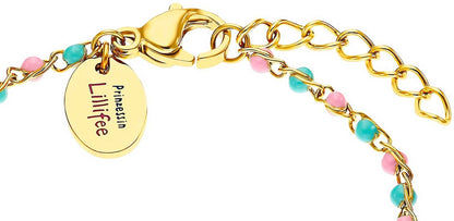 Armband med karbinhake och rund berlock med text, rosa/turkos