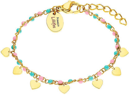 Färgglatt armband med guldfärgade länkar och hjärthängen, rosa/turkos