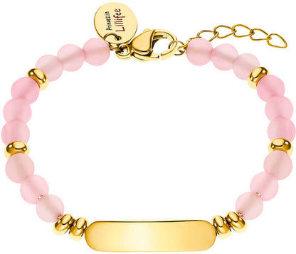 Armband med rosa kvarts-pärlor och guldfärgad gravyrbricka