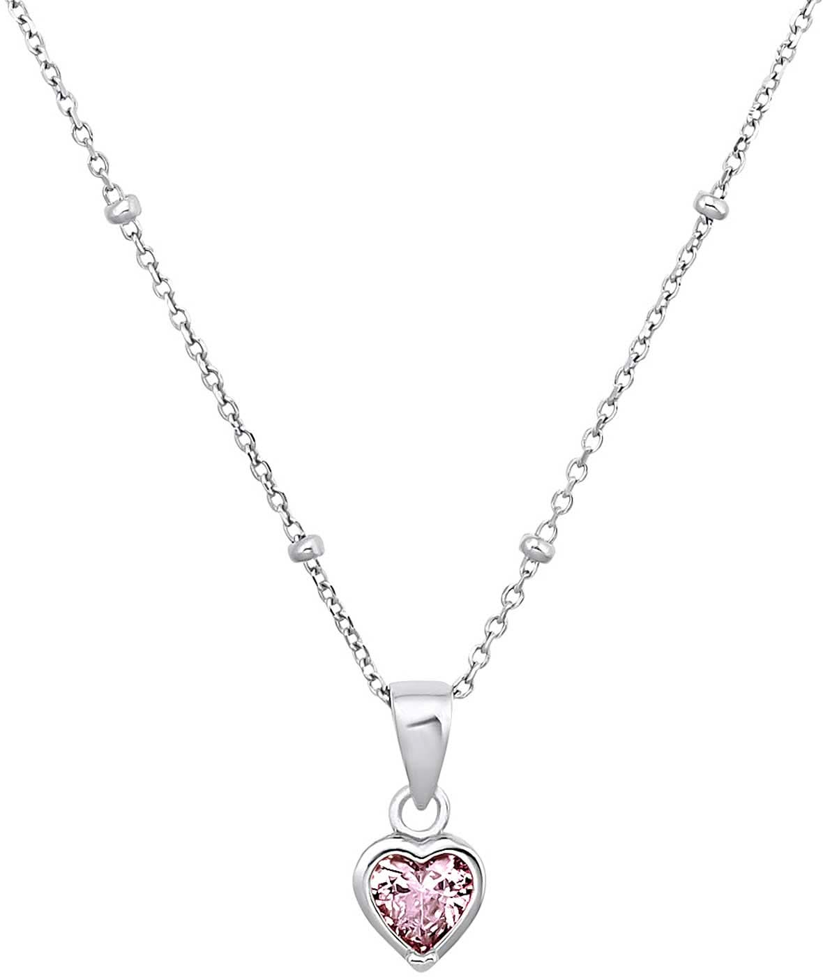 "Halsband i silverfärg med hjärthänge och rosa sten"