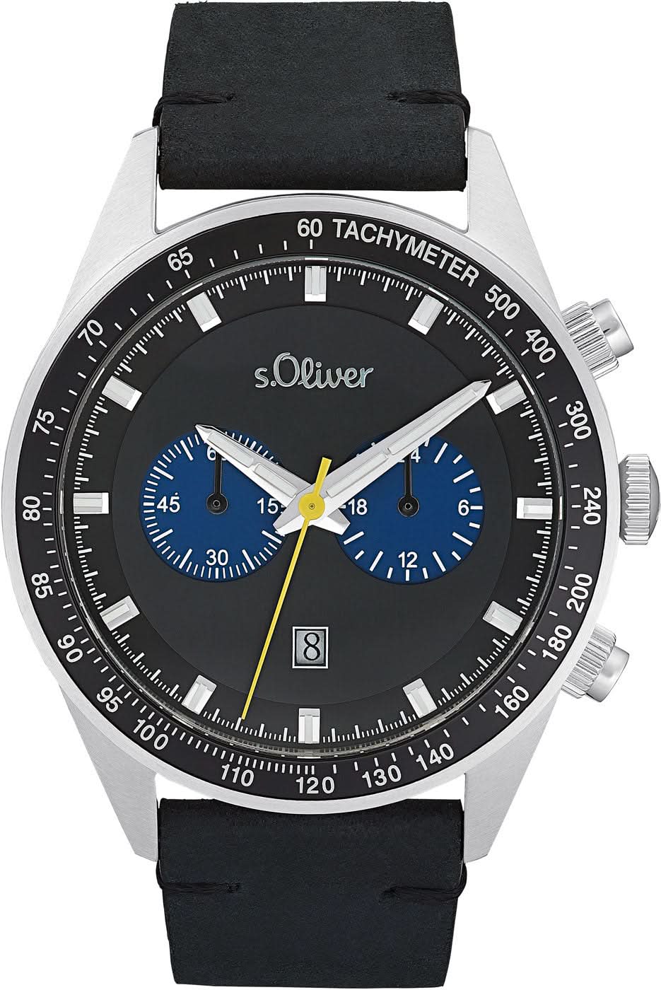 Herrarmbandsur med svart urtavla, tachymeter-ring och svart läderarmband
