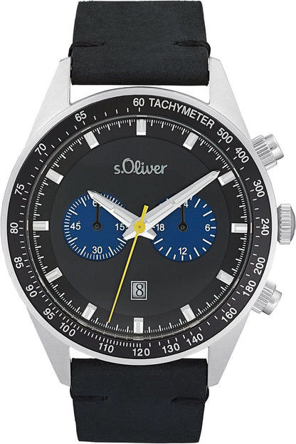 Herrarmbandsur med svart urtavla, tachymeter-ring och svart läderarmband