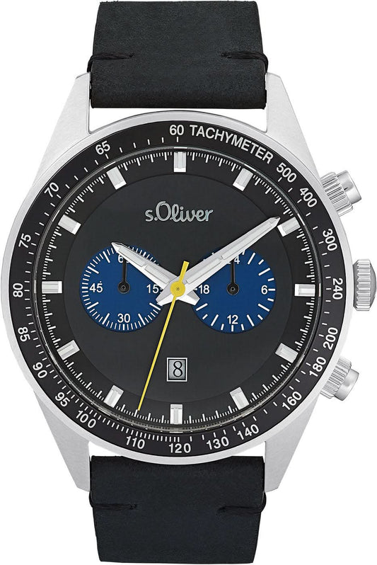 Herrarmbandsur med svart urtavla, tachymeter-ring och svart läderarmband