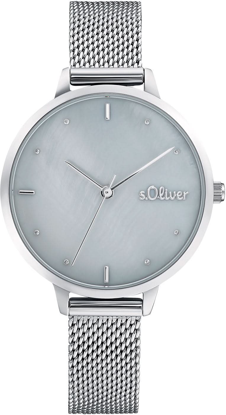"Damklocka med silverfärgat metallarmband och blå urtavla, s.Oliver-logotyp"