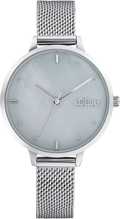 "Damklocka med silverfärgat metallarmband och blå urtavla, s.Oliver-logotyp"