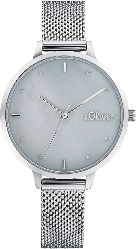 "Damklocka med silverfärgat metallarmband och blå urtavla, s.Oliver-logotyp"