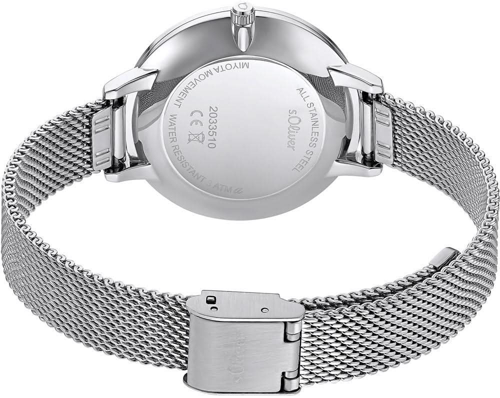 "Damklocka med silverfärgat mesh-armband, baksida och spänne"