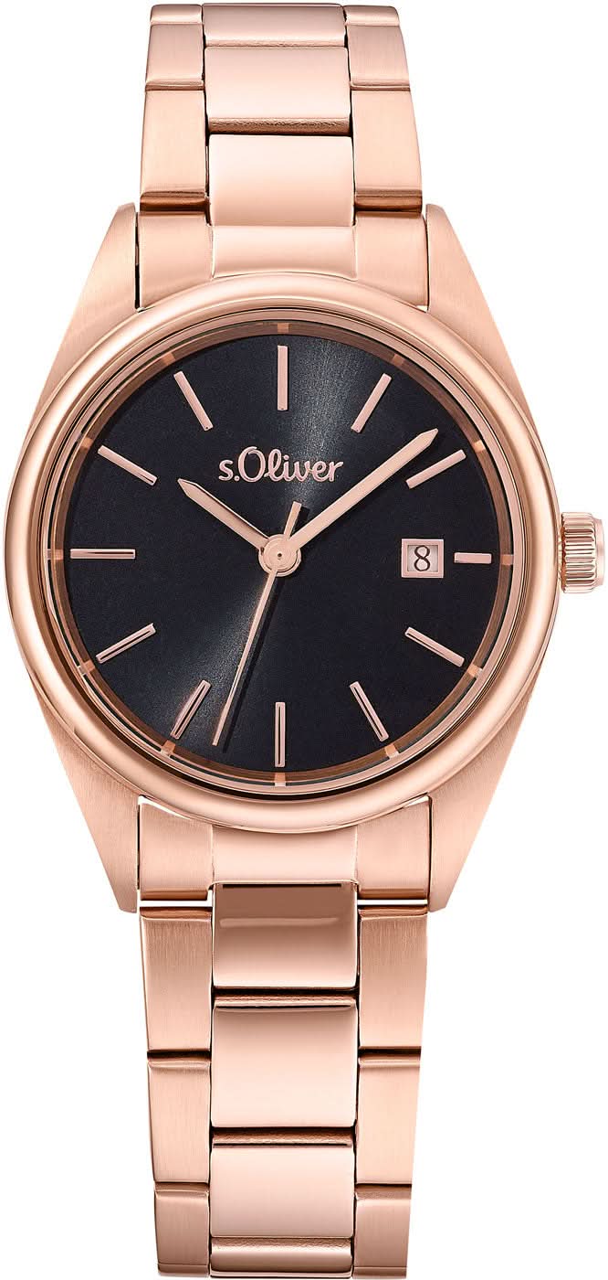 Damklocka med metallarmband i roséguld, rund svart urtavla och s.Oliver-logotyp