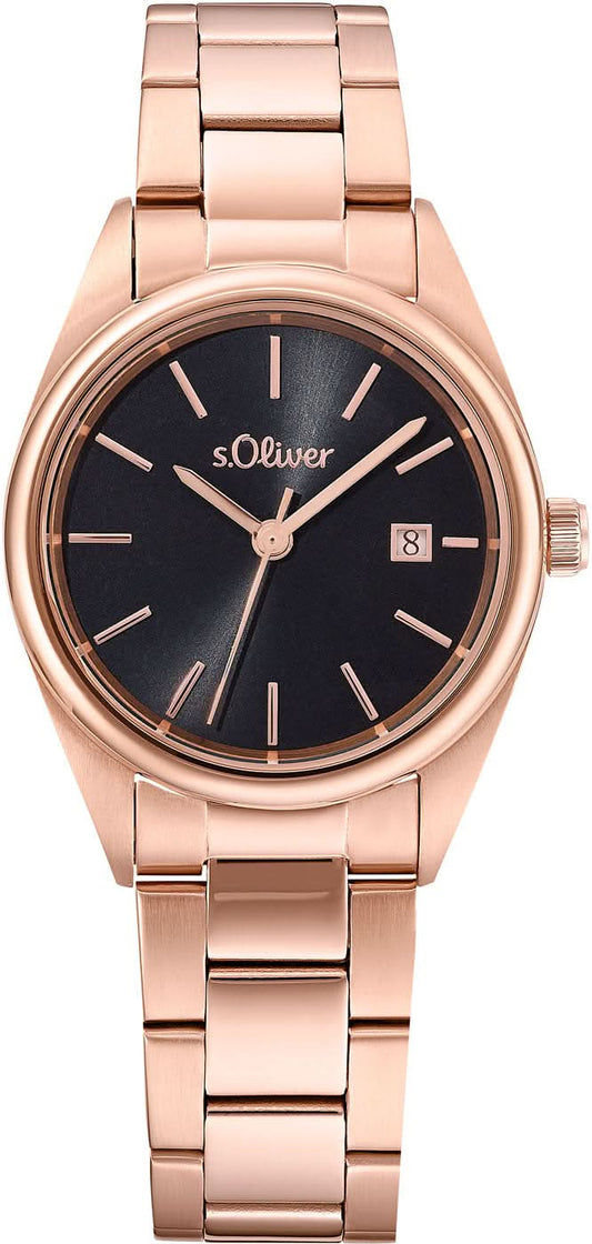 Damklocka med metallarmband i roséguld, rund svart urtavla och s.Oliver-logotyp
