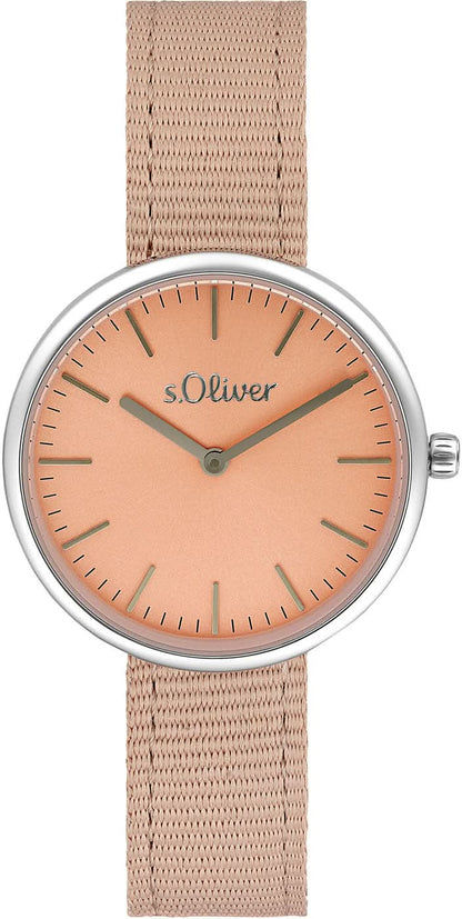 "Damklocka med silverfärgat hölje, beige meshband och rosafärgad urtavla"