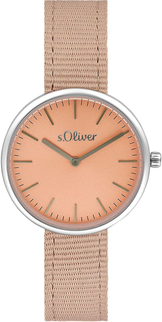 "Damklocka med silverfärgat hölje, beige meshband och rosafärgad urtavla"