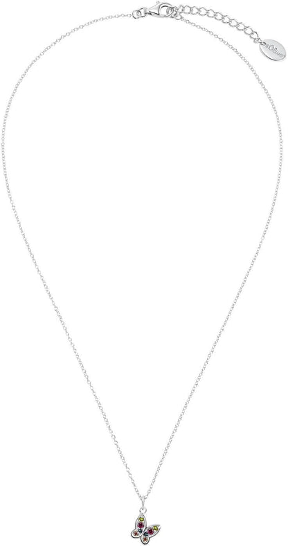 Silversfärgat barnhalsband med fjärilshänge och färgglada stenar, hela kedjan