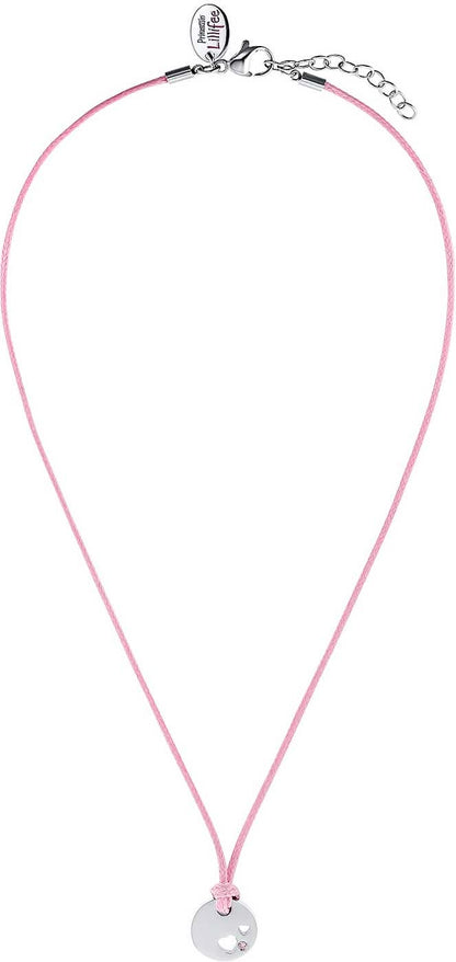 "Textilkedja med rosa snöre och silverhänge med hjärta"