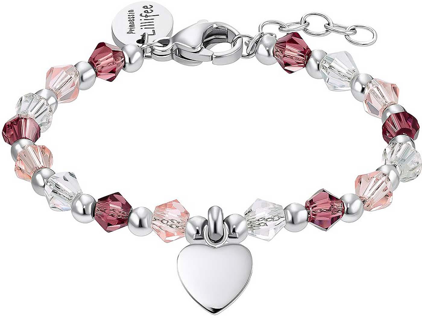 Armband i silverfärg med rosa glaspärlor och hjärthänge